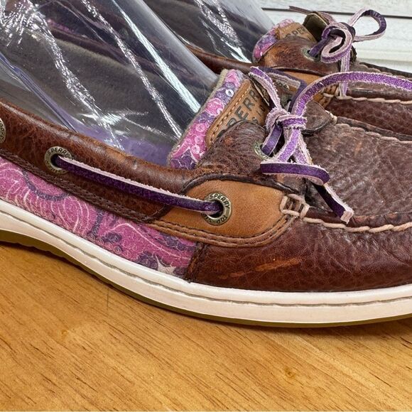 Sperry Angelfish Varsity Leather Floral Sequin Boat Shoe Purple Brown 9.5 - Picture 7 of 11